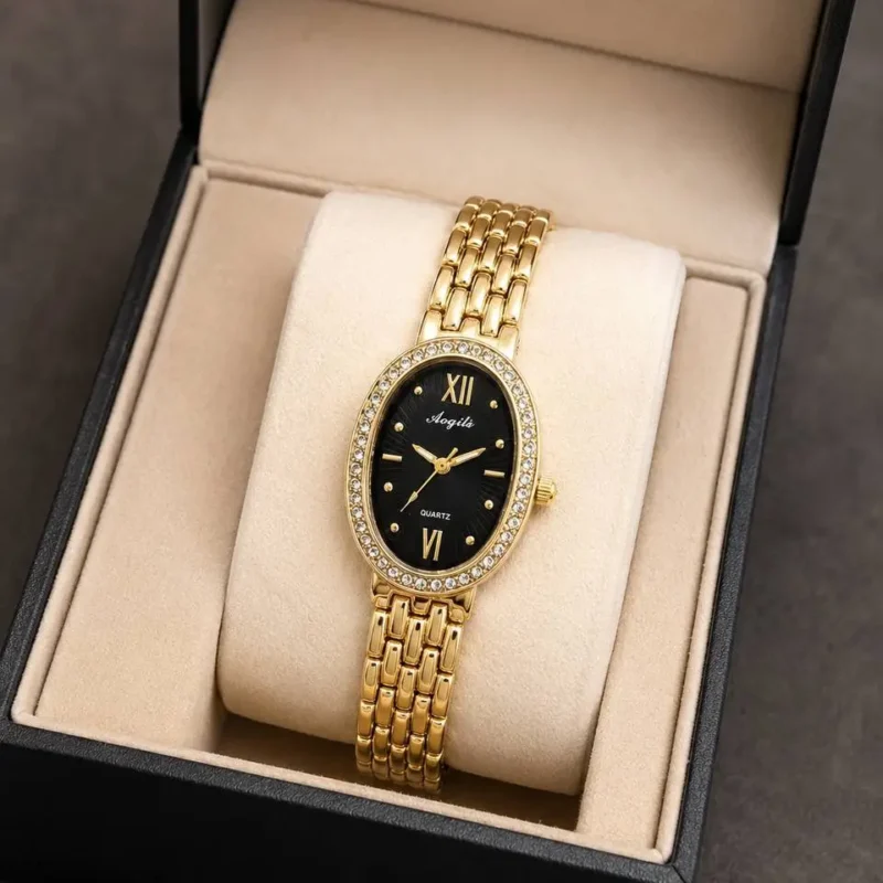 Montre Femme Dorée Ovale – Cadran Noir & Cristaux