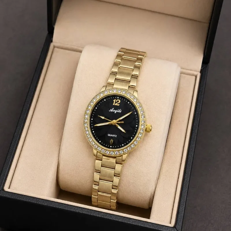 Montre Femme Dorée Élégante – Cadran Noir & Cristaux